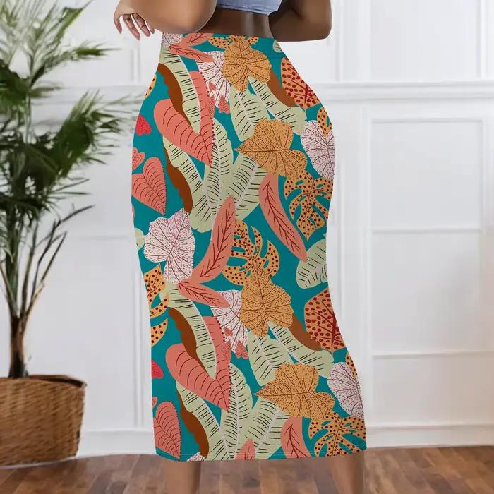 Jupe à imprimé tropical, jupe midi bohème, jupe à motif de feuilles, jupe crayon taille haute, tenue de plage estivale, S-2XL