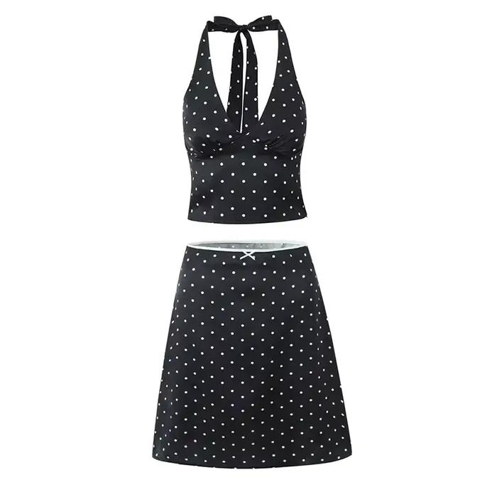 YENKYE-Jupe trapèze à pois pour femme, longueur genou, vintage, noir, blanc, sexy, taille basse, vacances, été, 2025