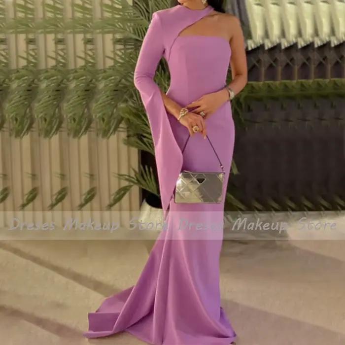 Robe de Soirée Longue et Simple à Col Rond pour Femme, Tenue Sirène à Manches, Lavande, Mariage, 2023