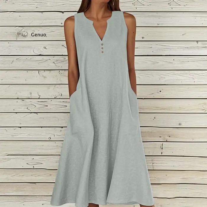 Nouvelle Robe sans Manches en Coton et Lin pour Femme 2026