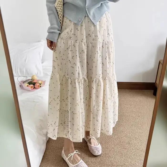 Jupe mi-longue à fleurs blanches, vêtements pour femmes printemps