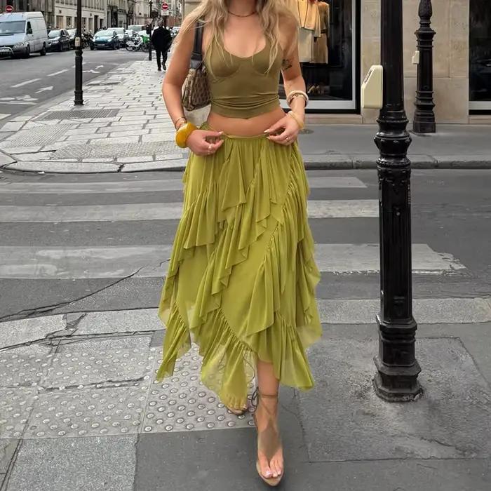 Jupe longue plissée asymétrique style bohème pour femme