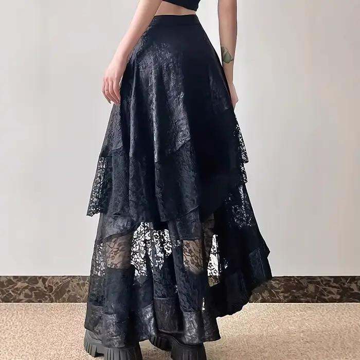 Jupe mi-longue gothique Vintage noire, esthétique Y2k, dentelle irrégulière, Style français, élégante, décontractée, Design Chic pour femme