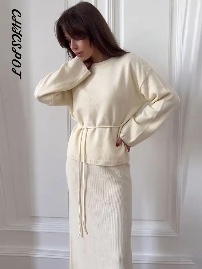 Ensemble 2 pièces jupe longue et pull tricoté pour femme – Élégant, col rond, manches longues, lacets, maille, jupes droites, tenues chics pour le bureau