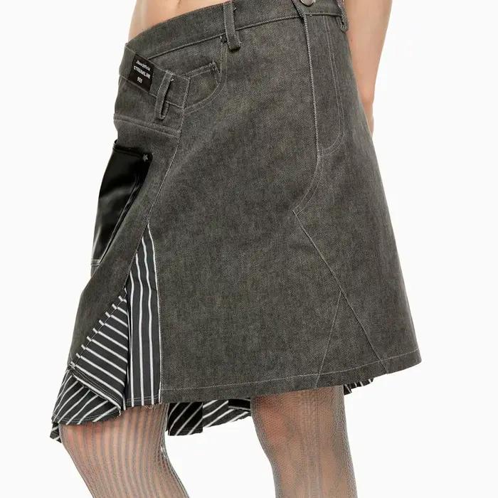 Jupe irrégulière épissée superposée polyvalente, jupe trapèze en jean mi-longue taille haute en détresse pour filles chaudes