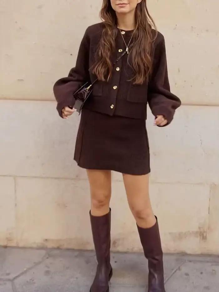 Jupe marron pour femmes style bureau tricotée avec boutonnage simple et taille élastique pour automne hiver occasions variées