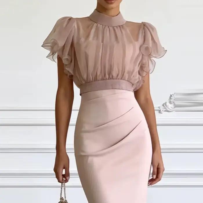 Ensemble élégant jupe moulante et haut en maille transparente pour femme – Collection été couleur unie, coupe ajustée, idéal pour le quotidien