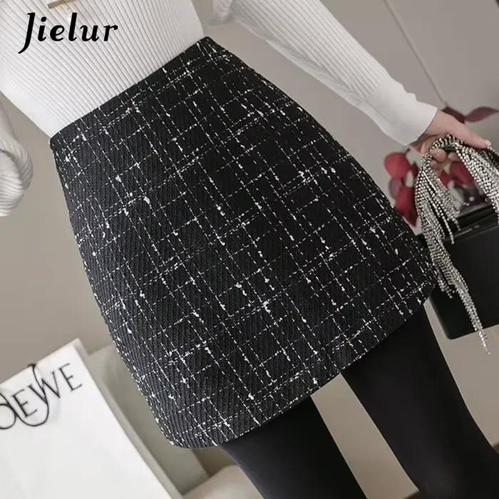 Jielur Femmes Jupe A-ligne Slim Taille Haute Fermeture Éclair Automne Hiver Noir Mini Jupes