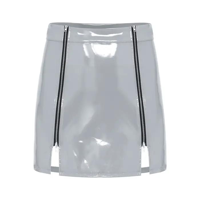 Jupe mini trapèze taille haute pour femme en similicuir effet mouillé avec fente
