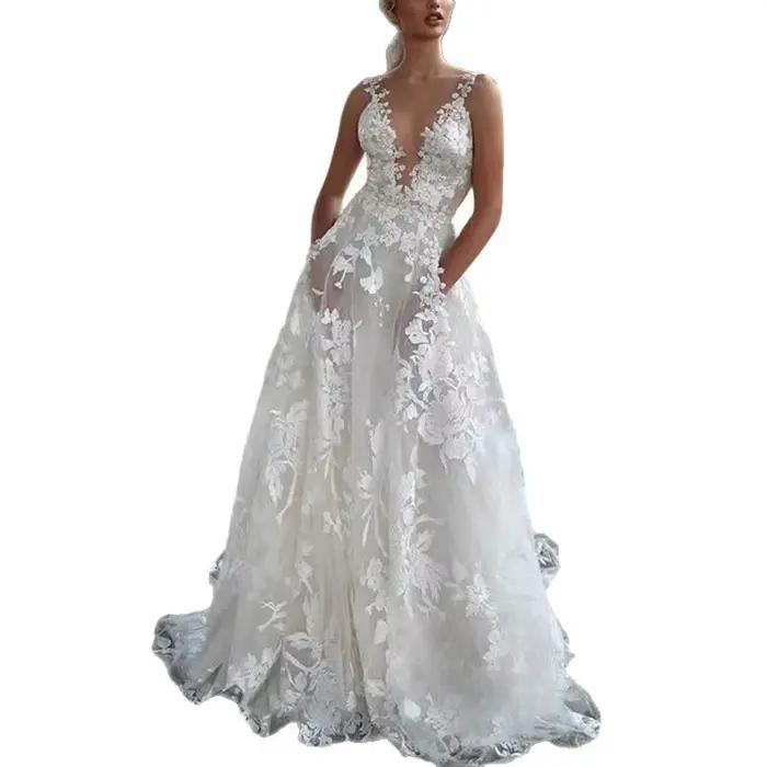 Robes pour femmes 2026 – Robes de mariée européennes en dentelle bouffante, sexy, blanches, à col halter, longues, pour demoiselles d'honneur – Vêtements féminins, vestidos