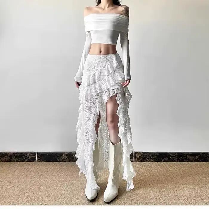 Jupe longue taille haute en dentelle douce blanche cousue à ourlet à volants pour femme