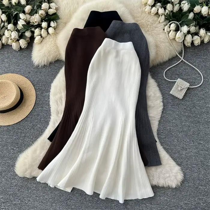 Jupe longue plissée en maille côtelée pour femme, taille haute élastique, coupe trapèze fluide, couleur unie, style coréen, décontractée, pour l'hiver