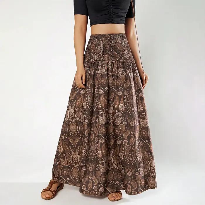 Jupes pour femmes, jupes smockées à taille haute, imprimé paisley, fluides, évasées, bohèmes, décontractées, maxi