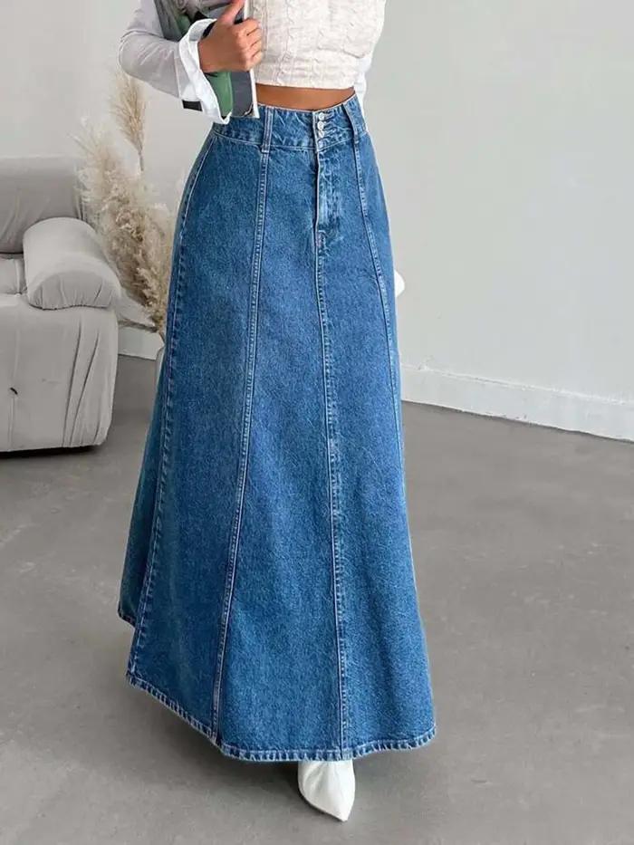 Jupe midi longue en jean pour femme pour les saisons de printemps et d'automne. Convient pour diverses occasions telles