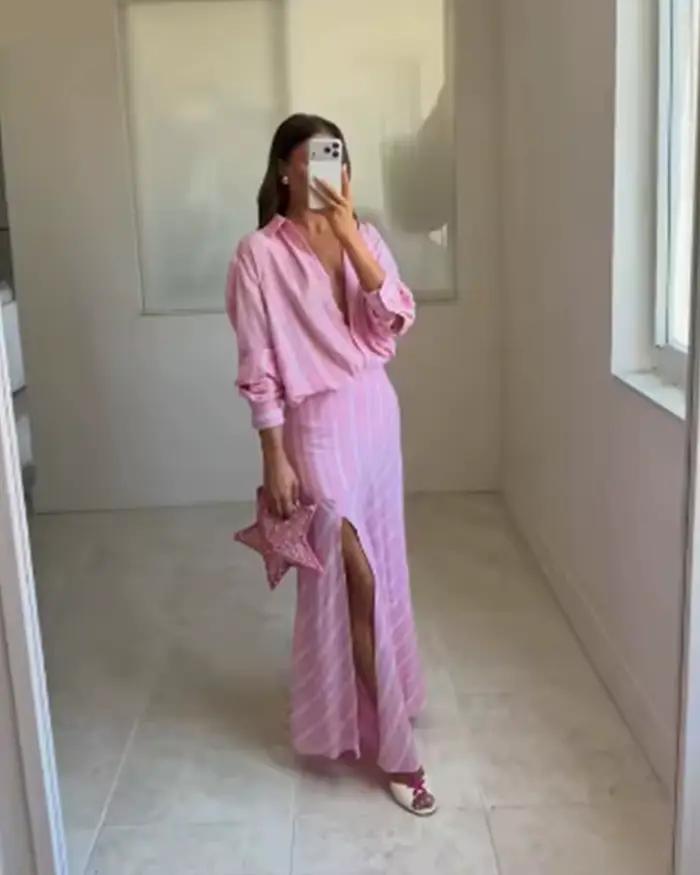Jupe Femme 2026 Nouvelle Collection Printemps-Été Rose Rayée en Lin Longueur Midi