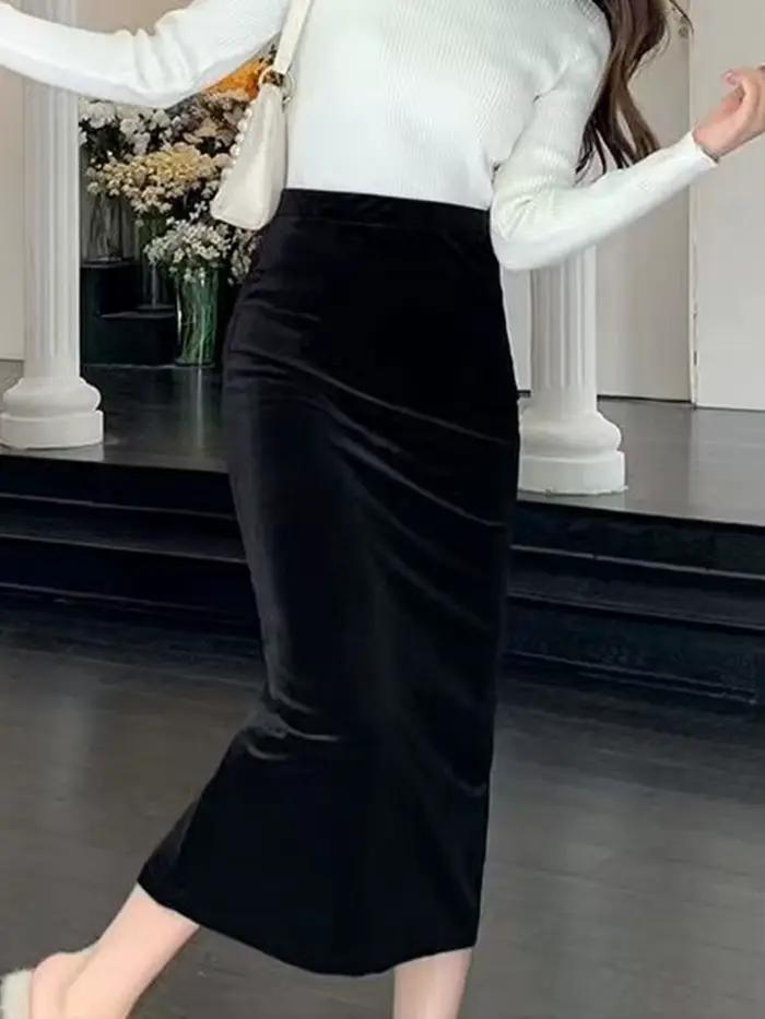 Jupe longue noire en velours pour femmes élégantes à taille haute pour bureau et occasions spéciales automne hiver