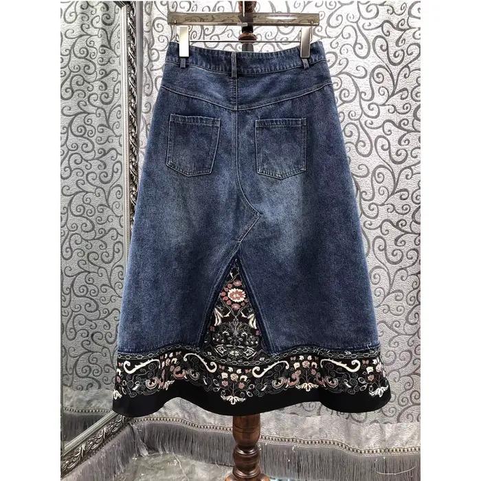 Top qualité nouvelle jupe en jean 2025 automne hiver Design dame Vintage imprimé fleuri Patchwork mi-mollet longueur
