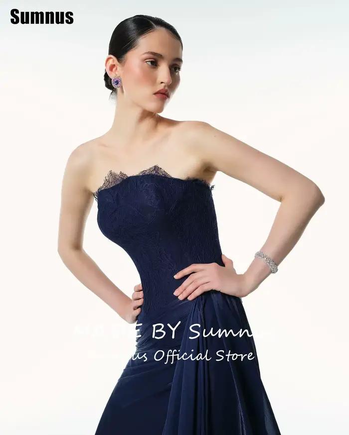 Sumnus – robe de soirée trapèze élégante, bleu marine, longueur au sol, sans bretelles, en dentelle, robes formelles personnalisées