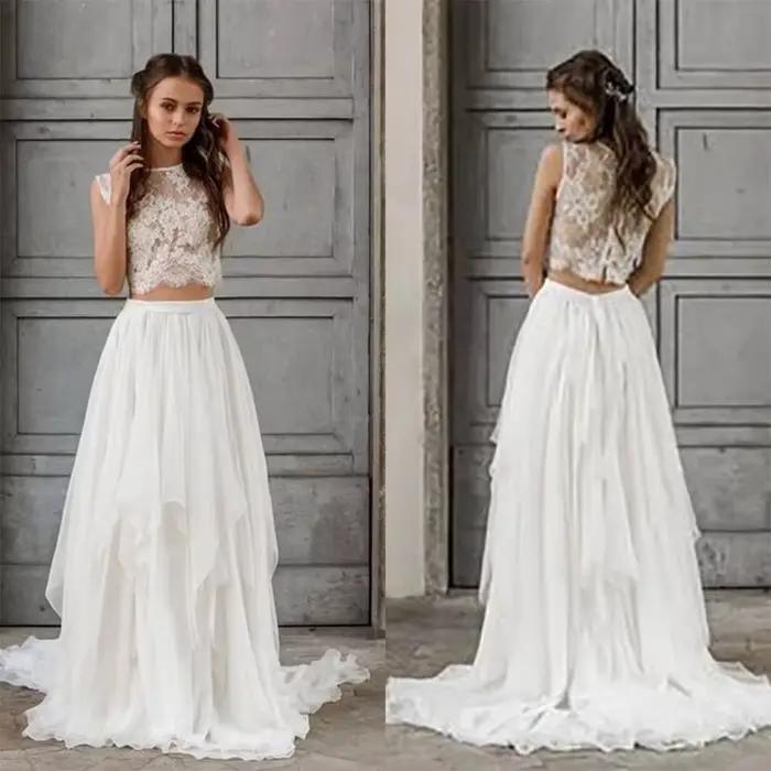 Robe De Mariée Deux Pièces Bohème Dentelle Sexy Jupe Longue En Mousseline Plage Jardin Été Haut Court Sans Manches Traîne Robes De Mariage Élégantes Romantiques Pour Les Mariées Grande Taille Blanches
