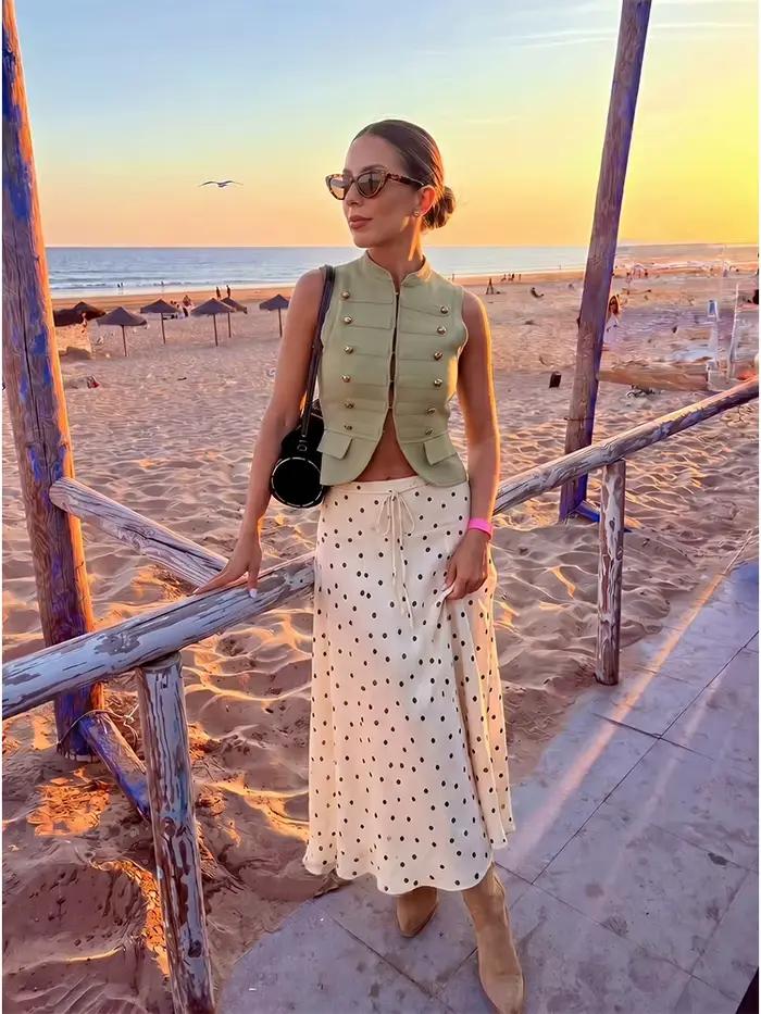 Jupe évasée à volants style français à pois blancs pour femme, taille haute avec cordon de serrage, coupe fluide en A, idéale pour l'été, les vacances, la plage ou le quotidien