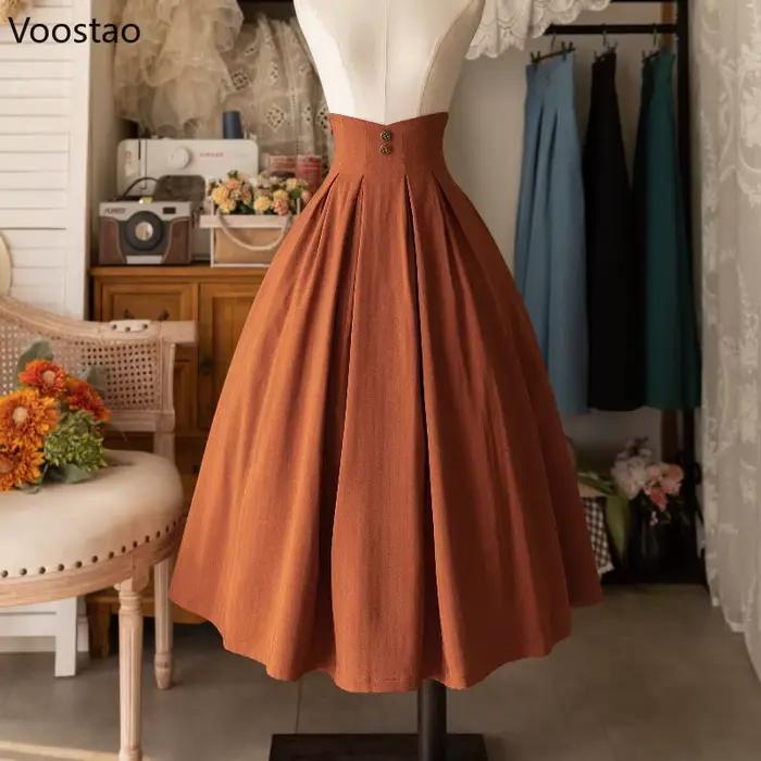 Jupe mi-longue vintage victorienne élégante et douce boutons Y2K silhouette préppy automne-hiver coton polyester drap fin Coupe régulière Mi-mollet