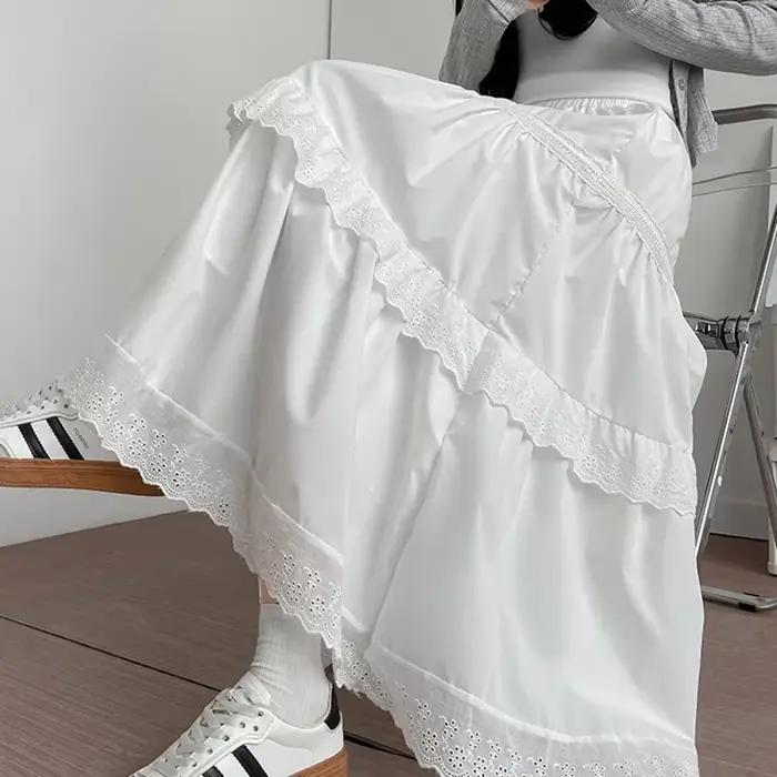 Jupe plissée en dentelle blanche coréenne pour femmes, taille haute, Patchwork de gâteau, jupes longues, Chic, ample, ligne A, été, 2025