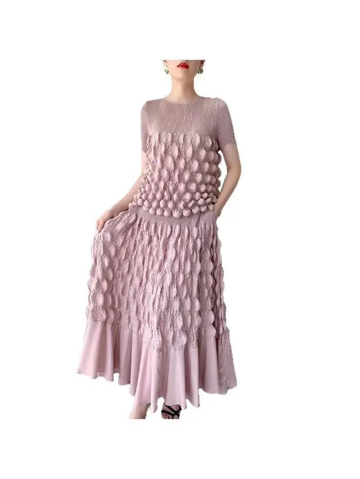 Ensemble Miyake Jupe à Bulles Pliée à la Main Haut à Manches Courtes Style Bohème Nouvelle Collection Printemps Été 2025 Occasions Spéciales Femmes