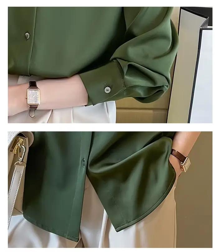 Blusas Blouses Femme à manches longues vert blanc Blouse haut pour femme Blouse femmes Blusas Mujer De Moda 2024 chemisier en mousseline De soie chemise E678