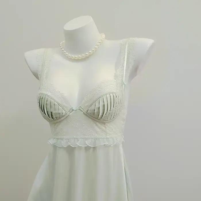 INJNIGHTOWNIGHTS-Chemise de nuit sexy pour femmes, lingerie française avec coussretours de poitrine, pyjama à bretelles, vêtements de détente pour dames, nouvelle collection