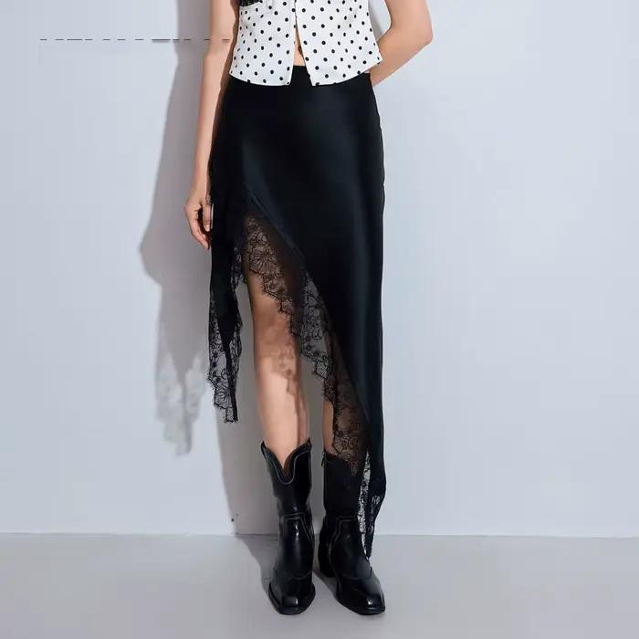 Été noir Satin Jupe Midi femmes dentelle Patchwork