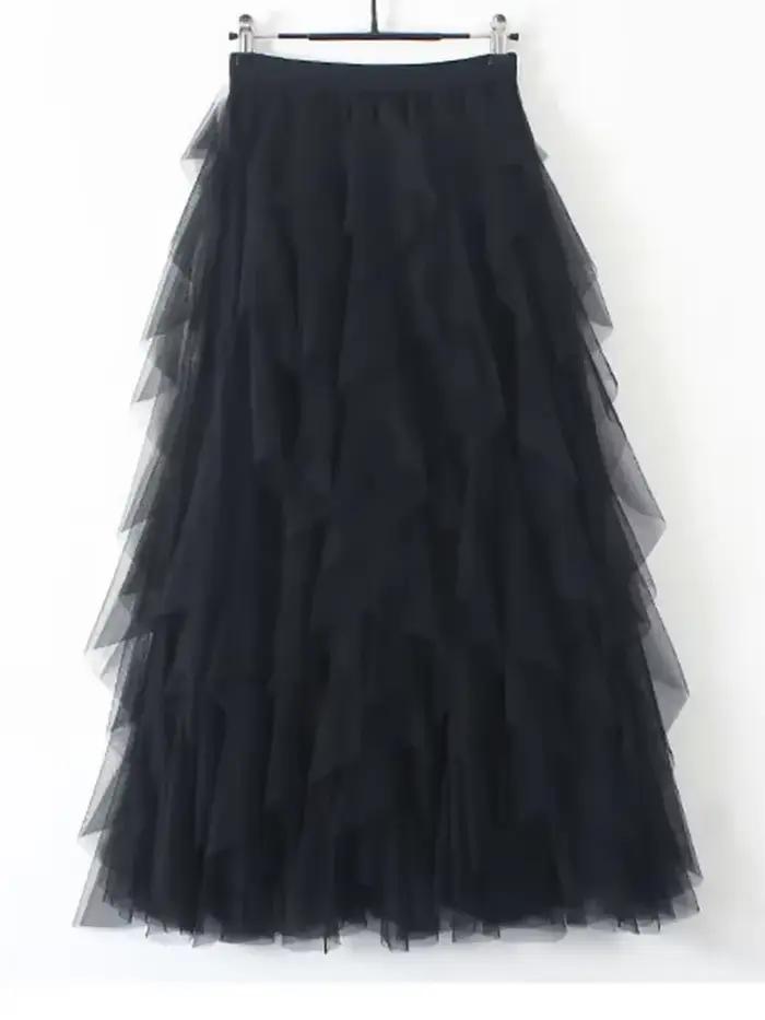 Jupe longue plissée évasée en tulle et gaze à taille haute élastique pour femme