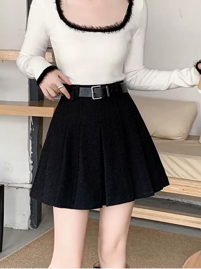 Vintage hiver plissé Mini jupe femmes Streetwear taille haute laine mignon patineuse jupes avec short ceinture gris noir