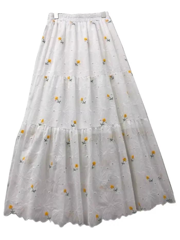 LANMREM brodé dentelle florale jupe Midi pour les femmes 2025 été automne doux a-ligne jupes longues vêtements de sport 2DM1093