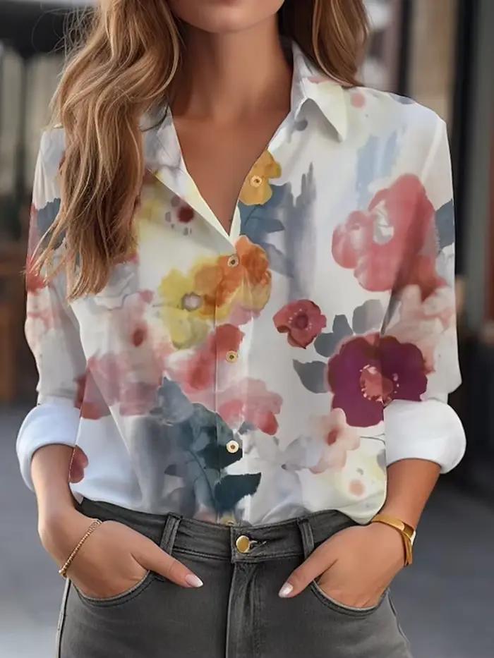 Chemise à manches longues pour femmes, haut imprimé artistique, chemisiers élégants pour femmes, haut tendance, chemises amples pour les déplacements, été 2025
