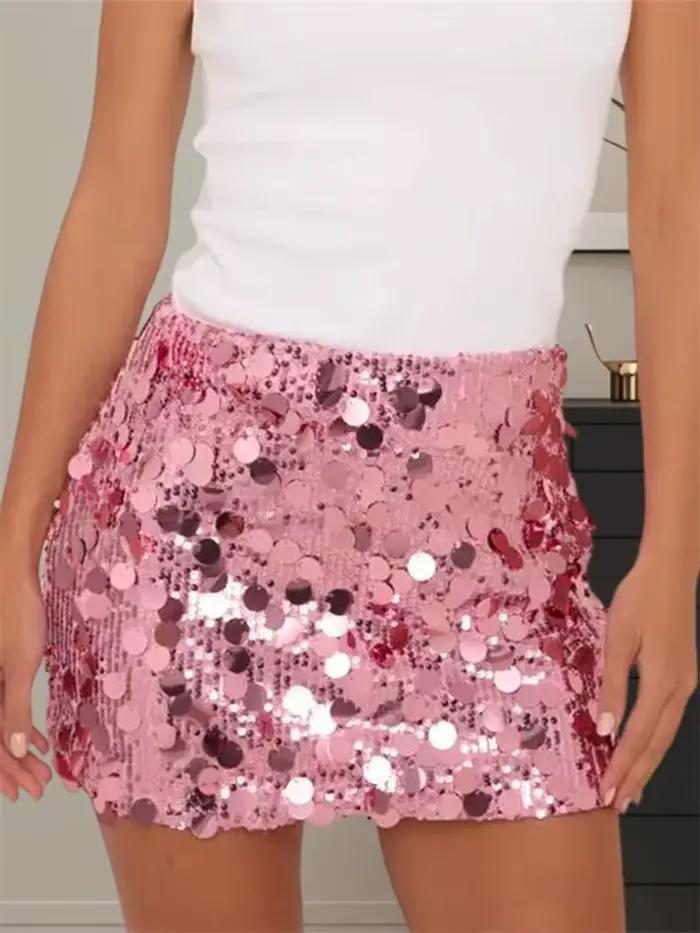 Mini-jupe courte moulante à paillettes scintillantes pour femmes, taille moyenne, coupe cintrée, sortie nocturne, fête, travail, couleur multicolore, polyester, pompon, ajustement empire