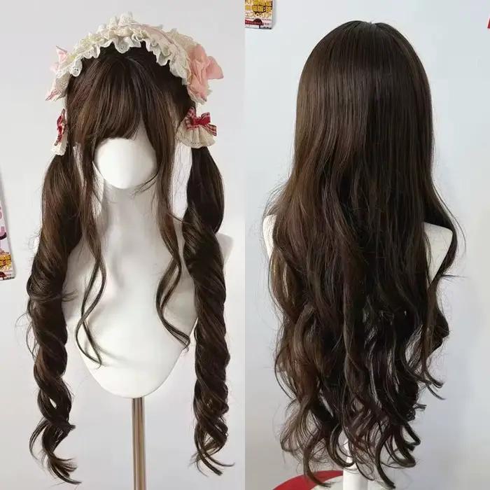 Perruque longue blonde double queue de cheval style Lolita avec frange, boucles princesse, synthétique, noire et marron, pour fille, cosplay, Halloween, Harajuku