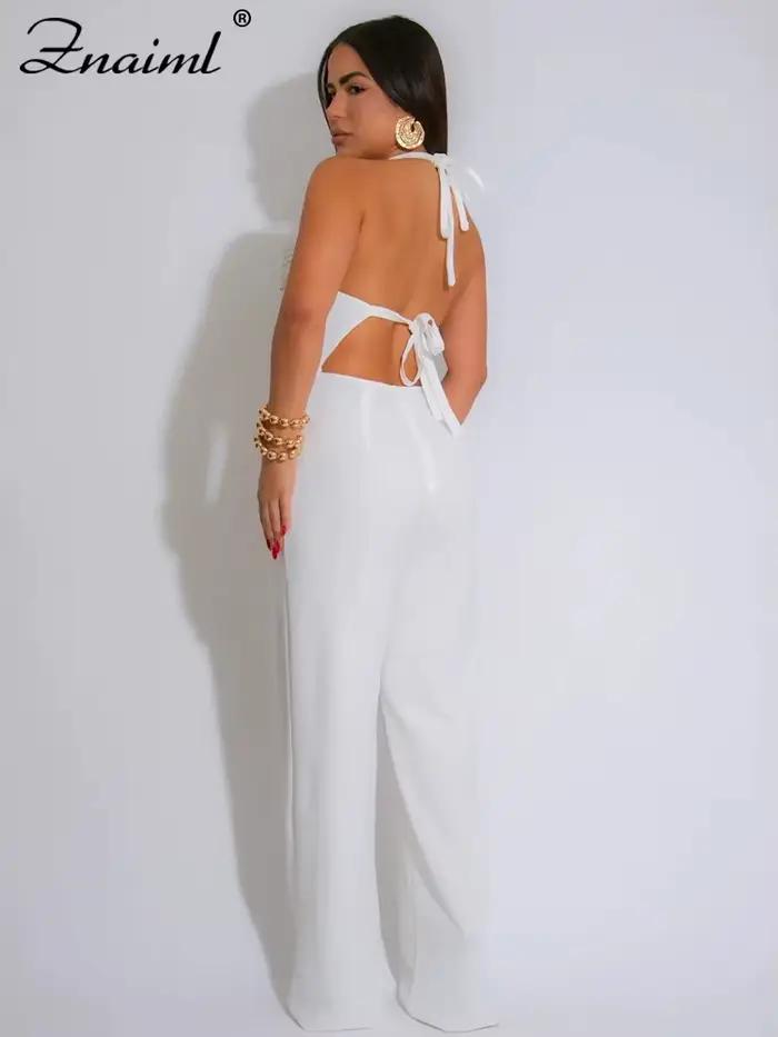 Znaiml combinaisons longues élégantes pour les femmes été sans manches licou à lacets dos nu pansement pantalon à jambes larges barboteuses une pièce 2025