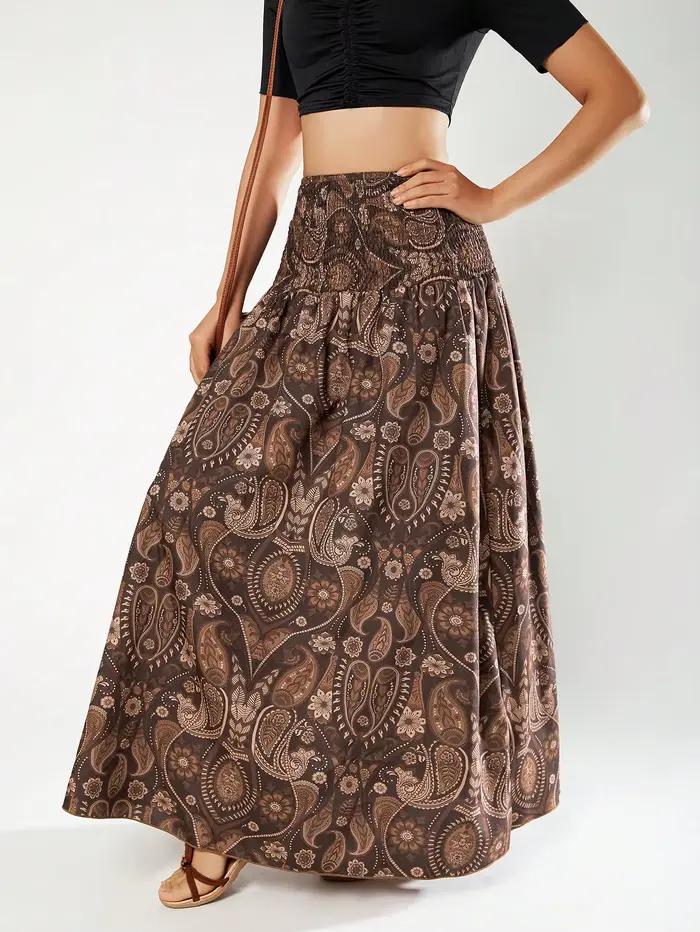 Jupes pour femmes, jupes smockées à taille haute, imprimé paisley, fluides, évasées, bohèmes, décontractées, maxi