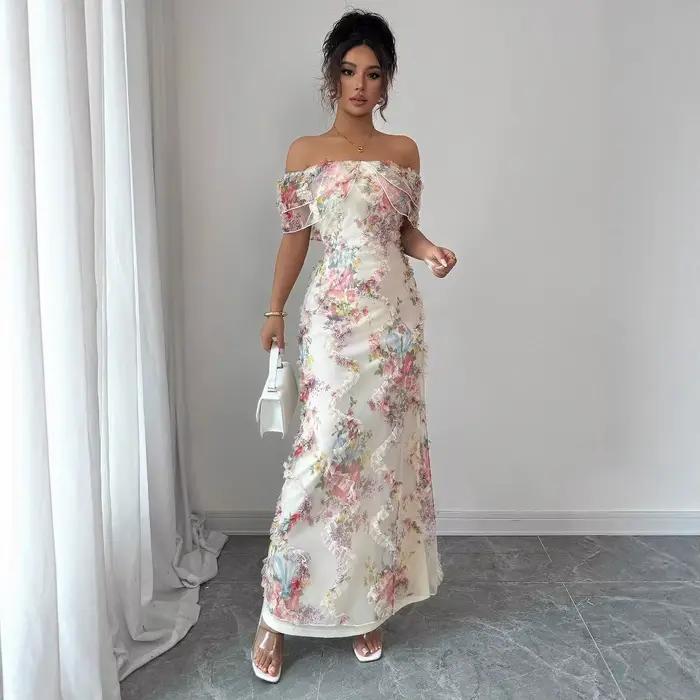 Robes pour femmes robe à volants élégante et romantique dames Sexy épaules dénudées ajustée maille robe florale robe de soirée pour femme