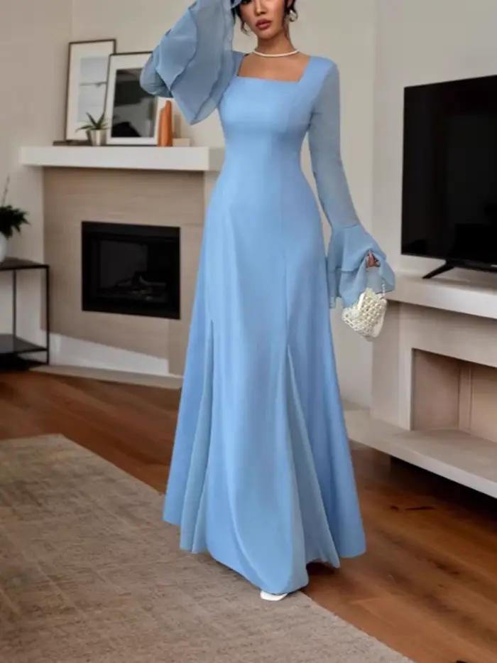 Robes de soirée bleues pour femmes, col carré, haute qualité, longueur ras du sol, traîne, coupe trapèze, manches longues, pour banquets et événements de prestige