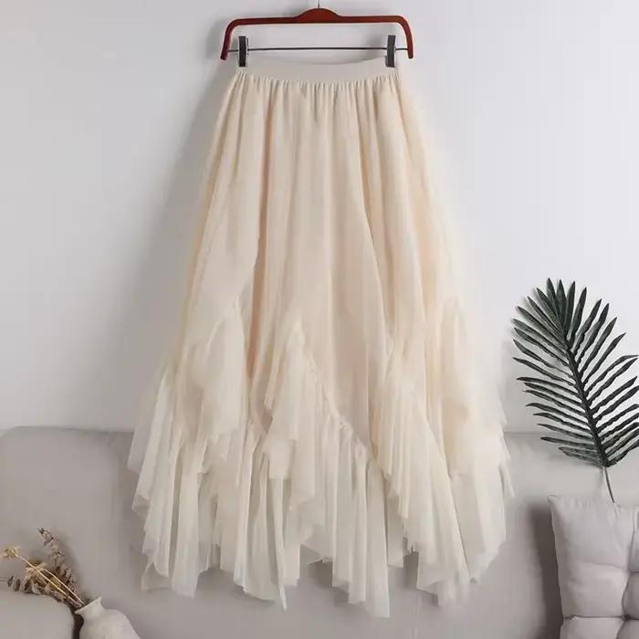 Nouvelle Collection Printemps 2025 – Jupe Mi-Longue Asymétrique Évasée en Maille Double Couche pour Femme – Tendance et Polyvalente