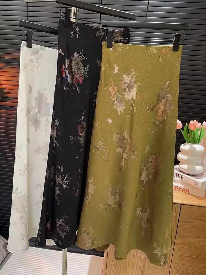 2025 nouveauté femmes élégant Vintage jupe taille haute fleur Sexy Satin Maxi jupes Faldas Femme Streetwear