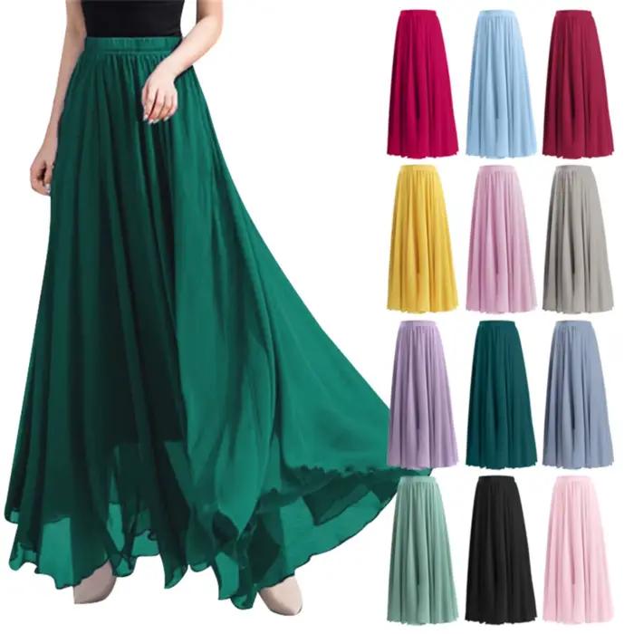 Jupe patineuse longue taille haute en mousseline de soie pour femme