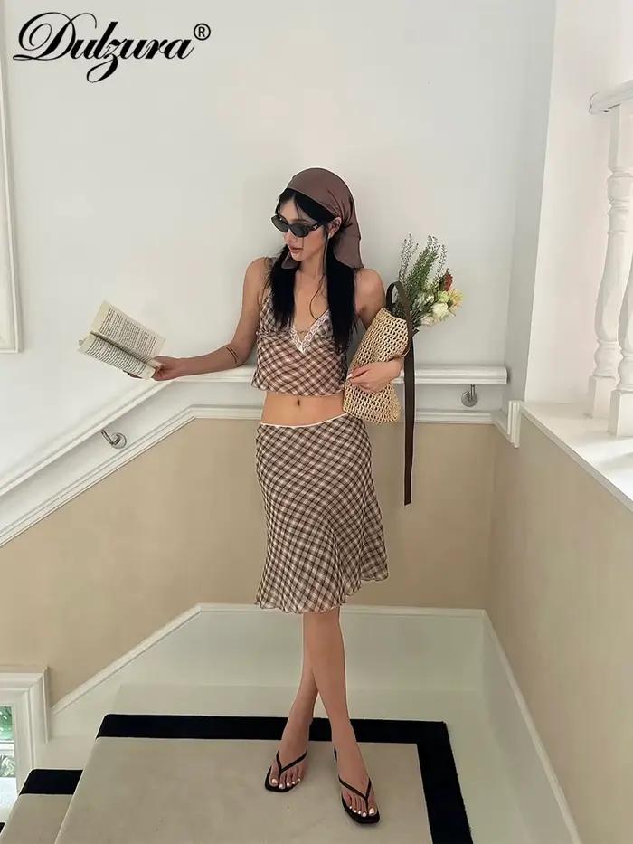 Dulzura femmes taille haute mince Plaid imprimé maille jupe Midi mode Sexy