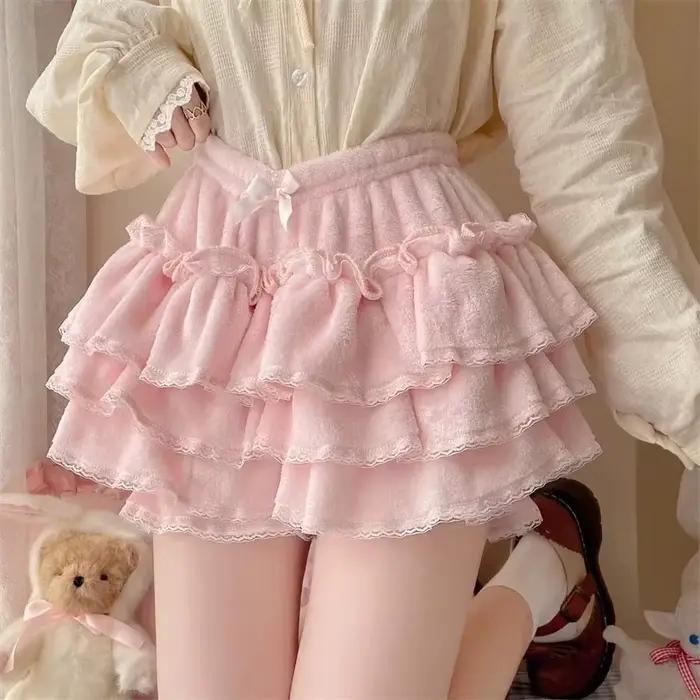 Nouveau rose japonais Kawaii Lolita jupe femmes nœud laine chaud doux Mini gâteau