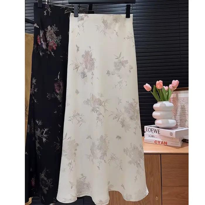 2025 nouveauté femmes élégant Vintage jupe taille haute fleur Sexy Satin Maxi jupes Faldas Femme Streetwear