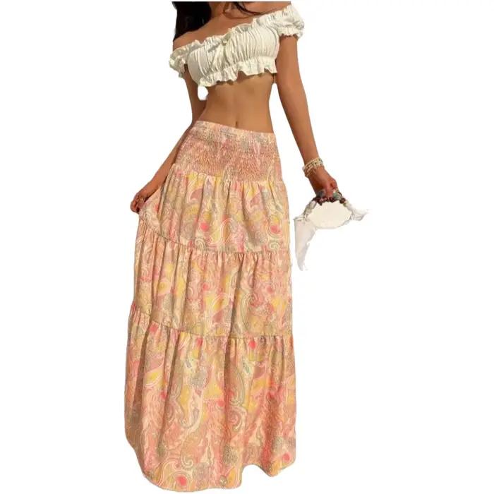 Jupe longue bohème taille haute à imprimé floral pour femme – Nouvelle collection été