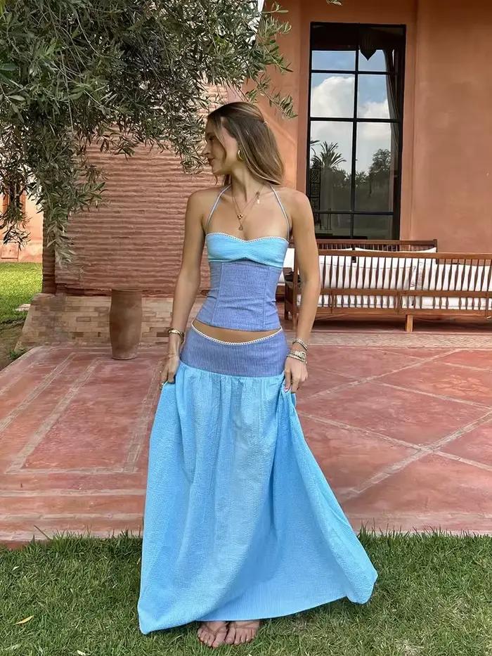 Ensemble chic rayé jupe et haut pour femme débardeur halter sans manches slim jupe longue tenue de plage vacances d'été 2026