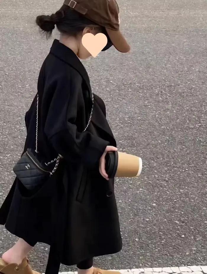 Manteau en laine mi-long pour enfants, manteau simple, noir, style français, garçon, fille, printemps, automne