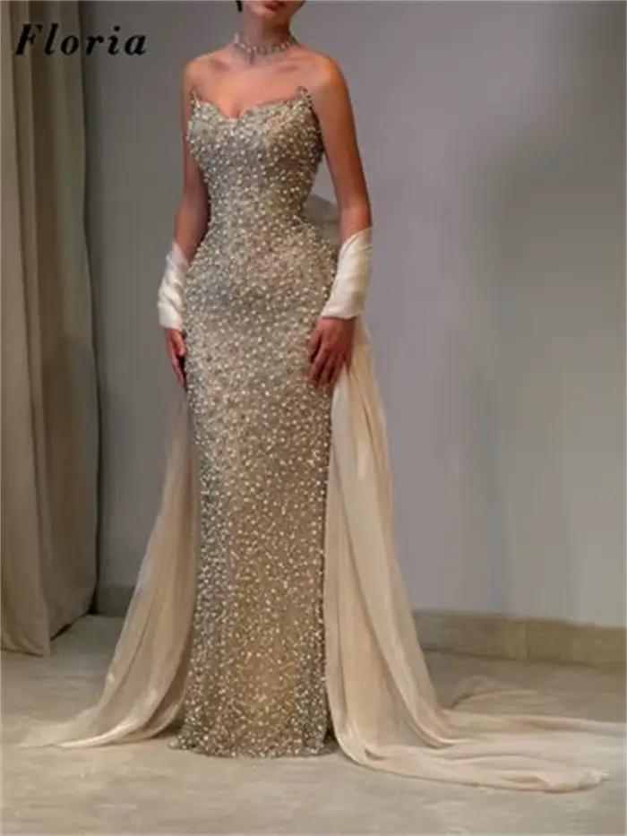 Robes de Soirée Haute Couture sans Bretelles avec Cape 2026, Robe de Bal Entièrement Perlée, Robes de Fiançailles Sirène Personnalisées